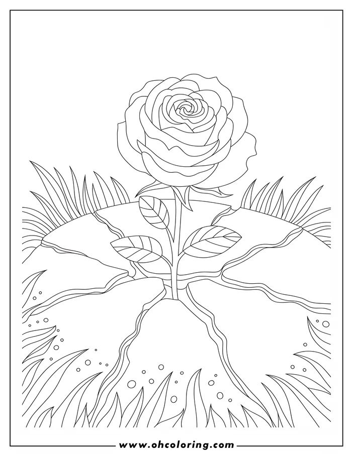 Line art of a rose growing from cracked ground, surrounded by grass. A coloring sheet design perfect for flower lovers.