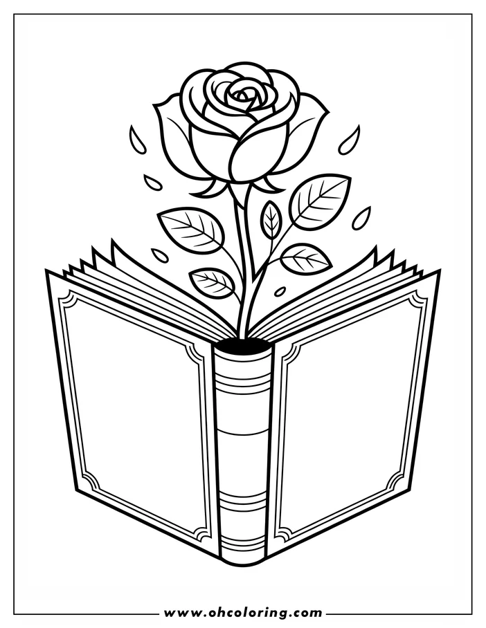 Line art of a rose growing from an open book. The rose has a full bloom and several leaves. A few petals appear to be falling around the rose. The book is open and has lined pages, ready for coloring.