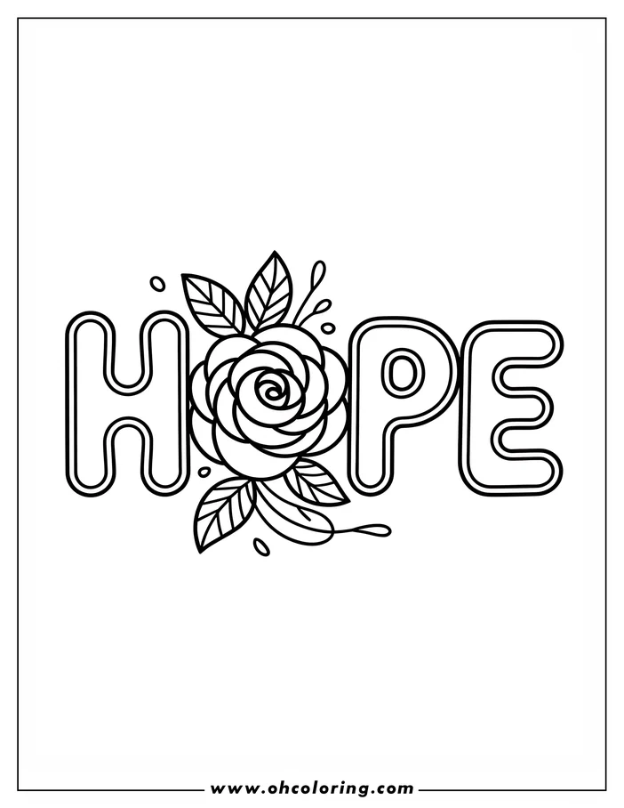 A simple line art drawing of the word "HOPE" with a rose design incorporated into the lettering. The rose features detailed petals, and a few small leaves and decorative dots are scattered around it, creating a coloring sheet suitable for adding color.