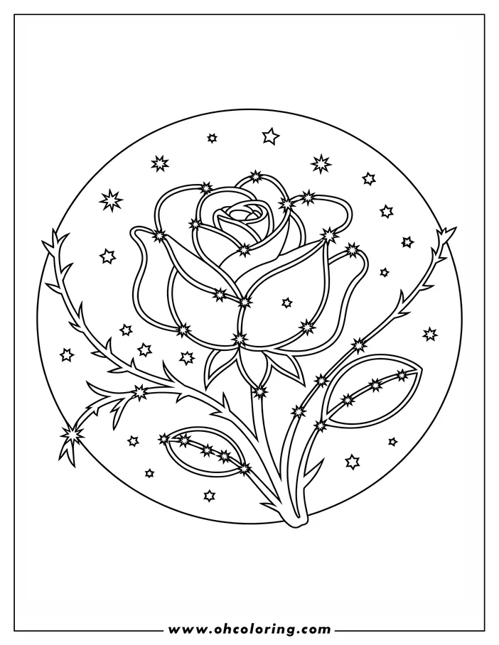 Line art drawing of a rose within a circular border.  The rose and the background are decorated with many stars, creating a celestial design.  This is a coloring sheet design ready for your artistic touch.