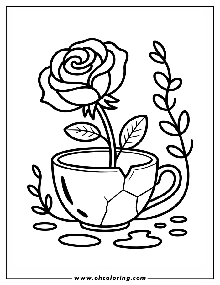 Line art of a rose in a cracked teacup, ready for coloring. The rose has a large bloom, a stem, and simple leaves. The teacup has a crack and sits in a puddle, with vines adding decorative detail.