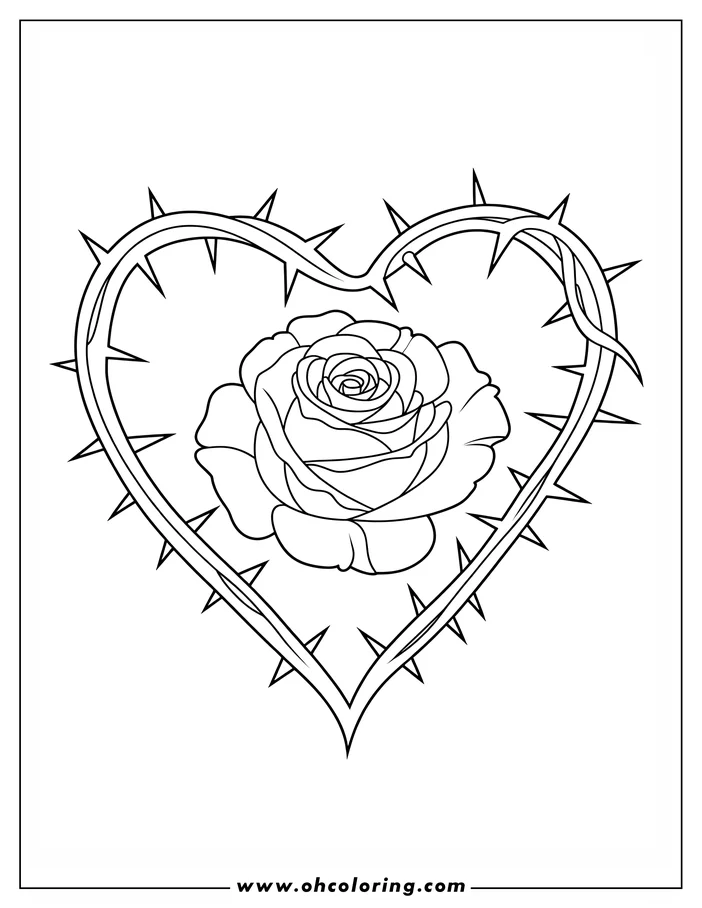 Intricate line art of a rose nestled inside a heart-shaped frame of thorns, designed as a coloring sheet. The detailed petals of the rose and sharp thorns provide a striking contrast.