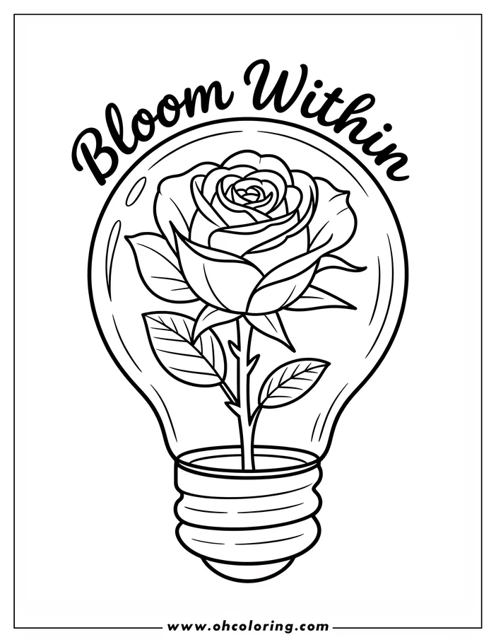 Line art of a rose inside a light bulb, ready for coloring. The rose's stem, leaves, thorns, and layered petals are clearly visible within the light bulb's glass globe.