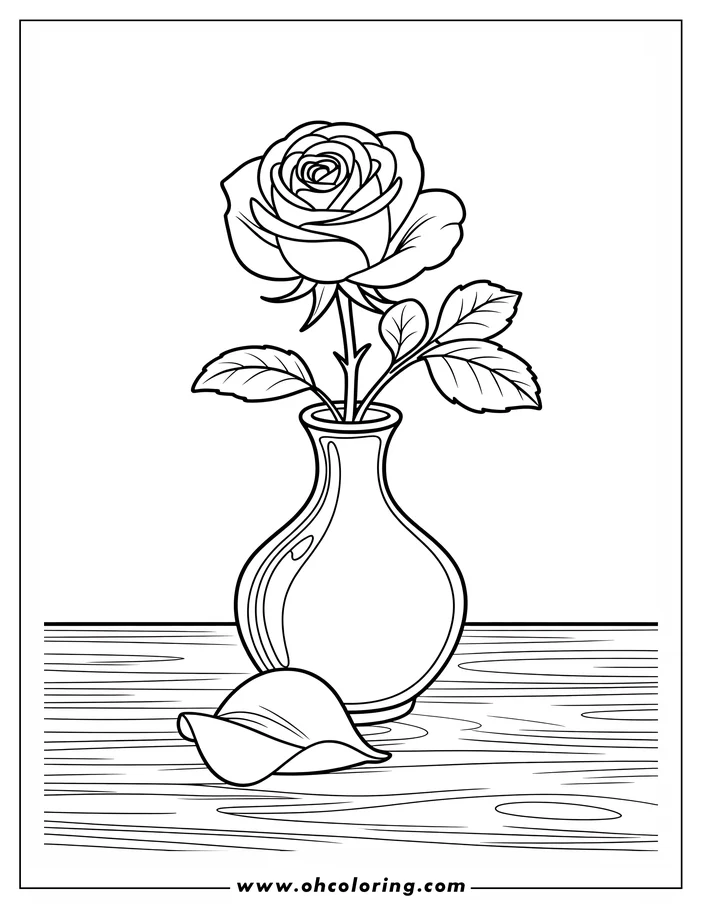 Line art of a rose in a vase, with a fallen petal on the table beside it. A simple drawing for coloring, perfect for flower lovers.