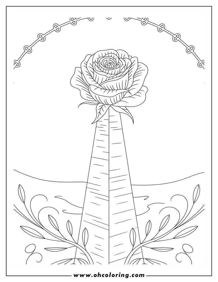 Detailed line art of a rose on a tall plinth, framed by a decorative border and flanked by leafy branches, presented as a coloring page design.