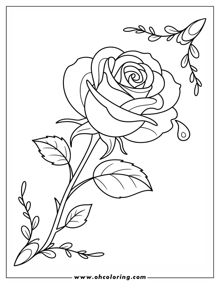 Line art of a single rose with leaves on its stem and leaf sprigs around it, suitable for a Valentine's Day coloring page.
