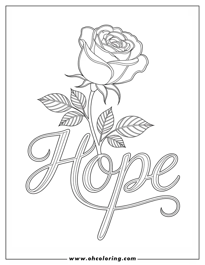 Line art of a rose with the word "Hope" written in cursive across its stem. This coloring page design features detailed petals and leaves, ready for adding color.