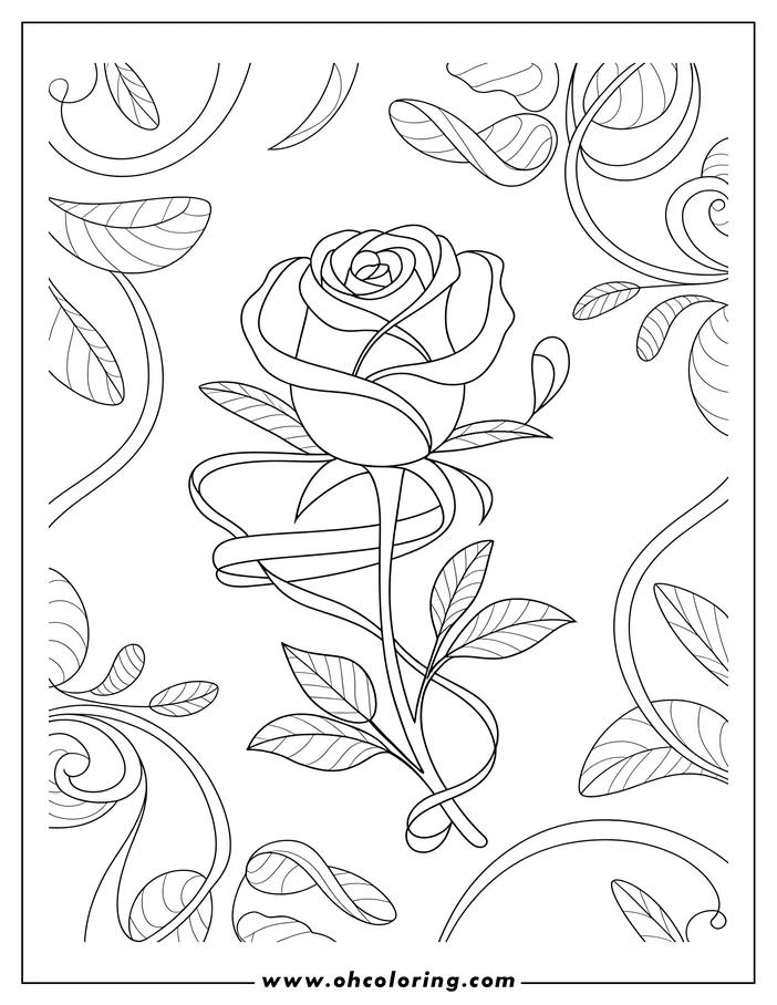 Line art of a rose with a ribbon tied around its stem. The rose has detailed, tightly furled petals and several leaves. Swirling, vine-like patterns fill the background of this coloring sheet design.