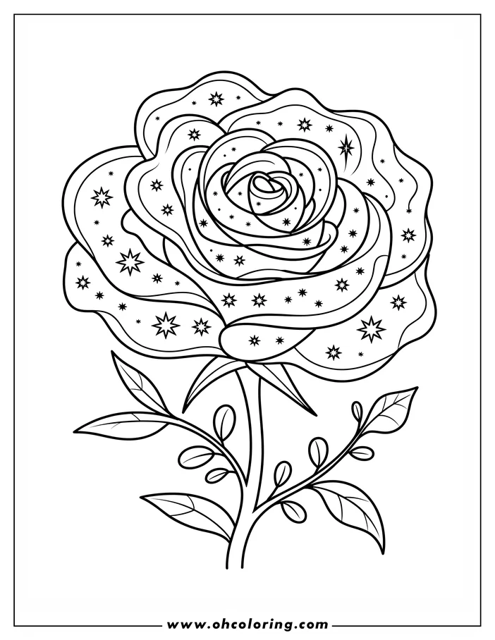 Line art of a rose with stars and starbursts scattered within its petals, a simple stem and leaves are also present, ready for coloring.