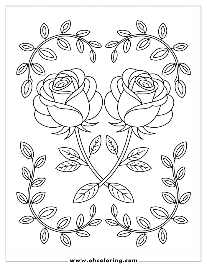 Line art of two roses with their stems crossed.  Simple leaves are placed around the blooms.  Leaf-covered vines curve to create a heart shape around the roses.