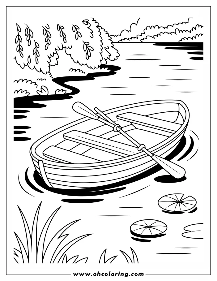 Line art of a wooden rowboat with oars on a lake, with lily pads and grassy shores.