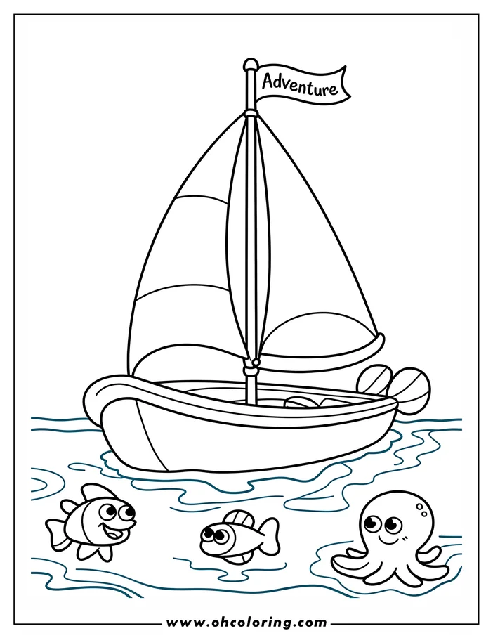 Line art of a sailboat with an 'Adventure' flag, floating on water with two fish and an octopus nearby.