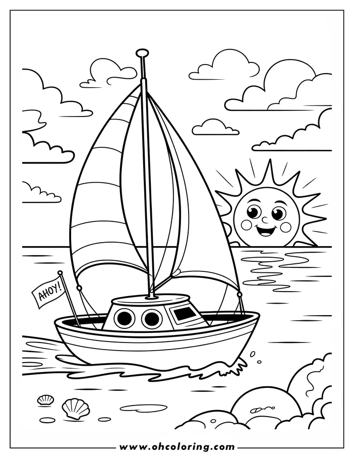 Outline of a sailboat with an "Ahoy!" flag, sailing on gentle waves near a smiling sun.  Two seashells lie on the shore.