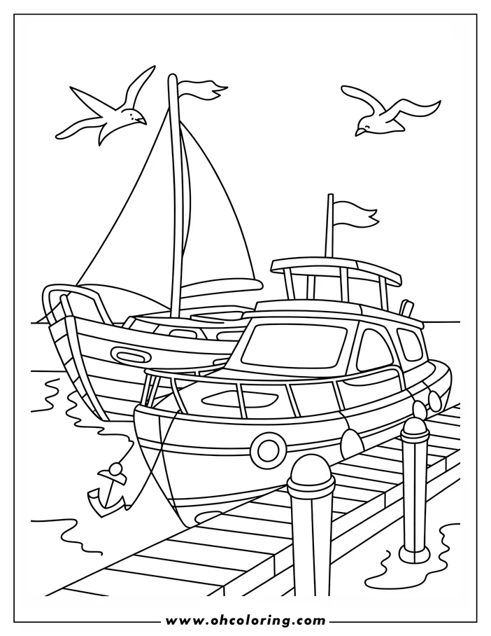 Line art of a sailboat and a motorboat docked at a pier, with two seagulls flying overhead.