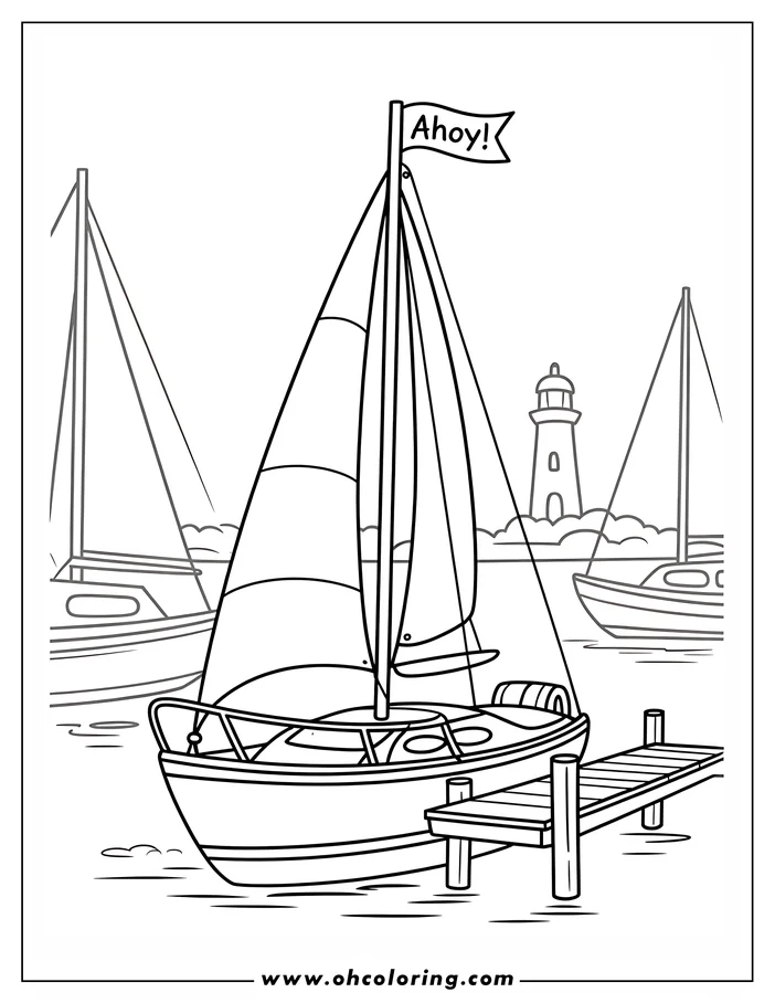 Outline of a sailboat at a dock with other boats and a lighthouse in the background