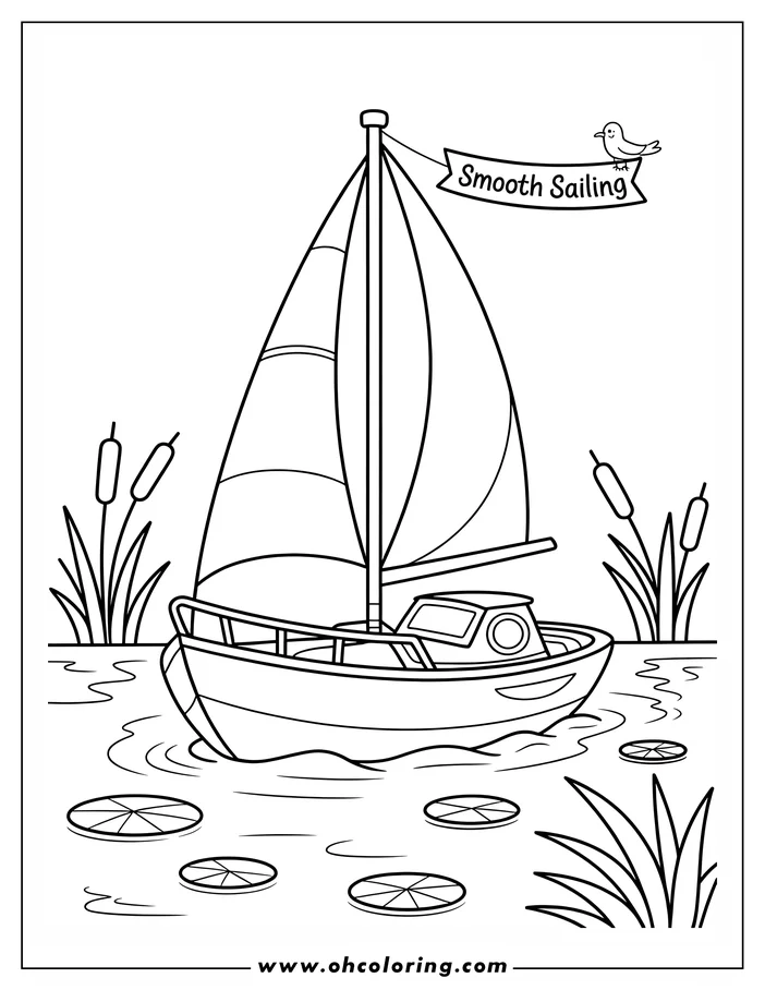 Outline of a sailboat on a lake with cattails, lily pads, and a bird on a "Smooth Sailing" banner.