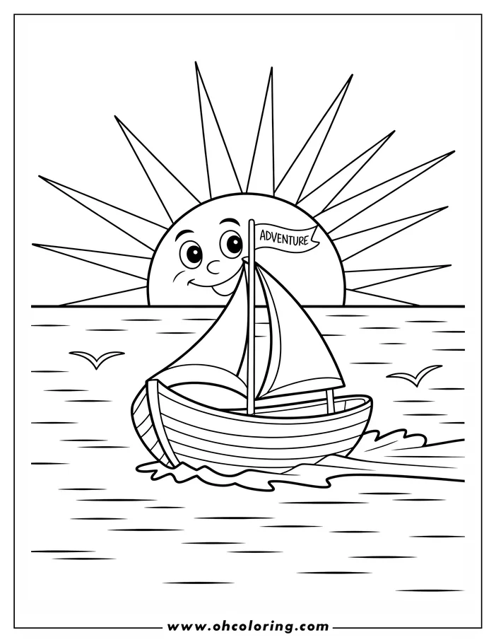 Outline of a sailboat on the ocean with a smiling sun and an "Adventure" banner.