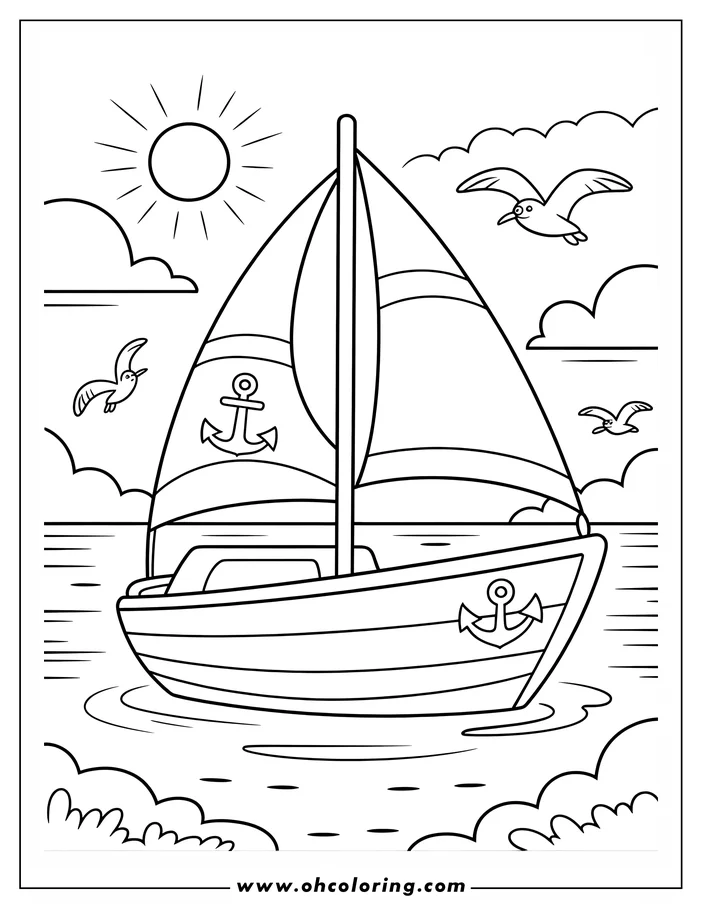 Line art of a sailboat with an anchor design on its sail, floating on water with seagulls flying nearby under a shining sun.