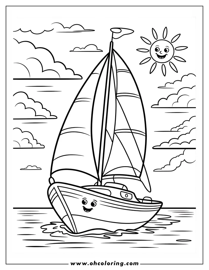 Line art of a cheerful sailboat with a smiling face, sailing on the water under a smiling sun and fluffy clouds.