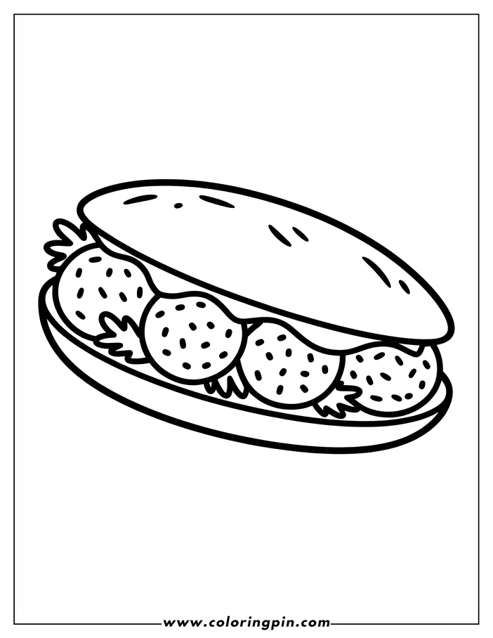 Line art of a sandwich filled with three falafel balls and greens.