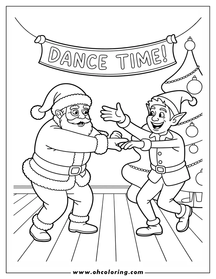 Line art of Santa Claus dancing with an elf near a Christmas tree. A banner says "Dance Time!"