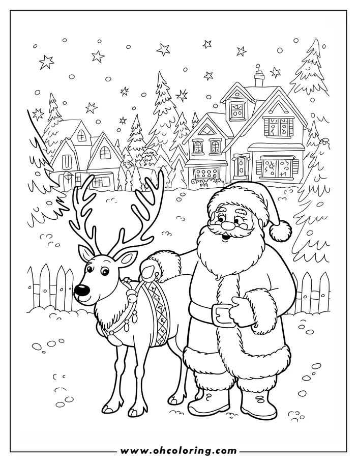 Santa Claus with a reindeer in a snowy village, ready for coloring. Santa has a jolly expression, and his reindeer companion is adorned with a festive harness. Houses and trees create the winter village setting.