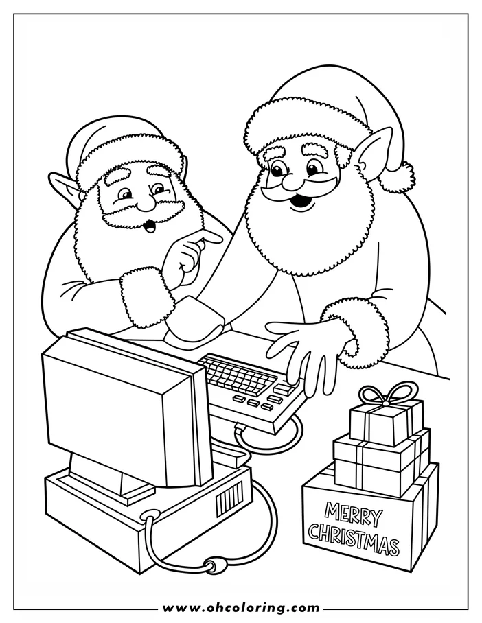 Line art of Santa Claus and an elf at a computer with Christmas presents beside them.