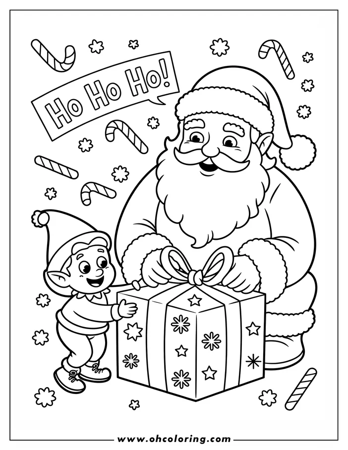 Line art of Santa Claus holding a large present with an elf standing nearby. Candy canes and snowflakes decorate the scene.