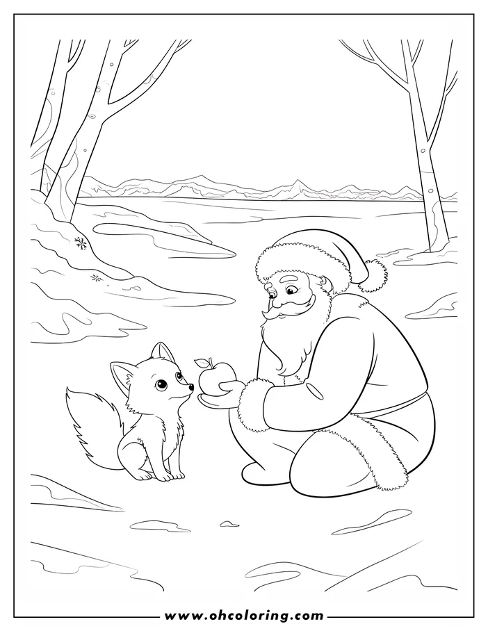 Santa Claus kneeling and offering an apple to a small fox in a snowy landscape with trees.
