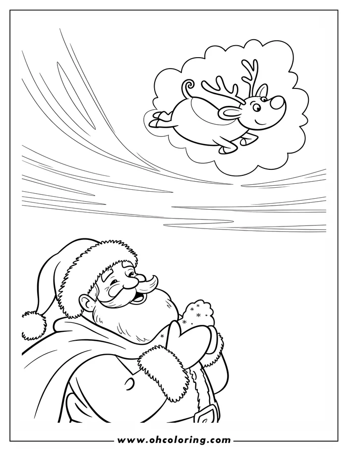 Santa Claus gazes upward at a reindeer soaring in his thoughts.