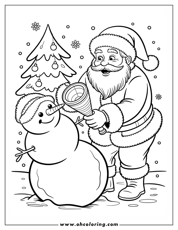 Santa Claus stands beside a snowman and holds out a striped cone towards him in this Christmas-themed coloring page.