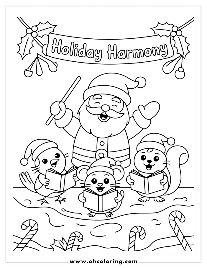 Line art of Santa Claus with a bird, mouse, and squirrel, each reading from a book and wearing Santa hats, with candy canes and holly decorations.