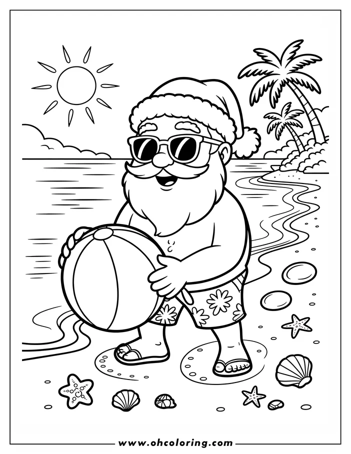 Line art of Santa Claus wearing a Santa hat, sunglasses, and swim trunks, holding a beach ball on a tropical beach. The scene includes palm trees, ocean waves, and seashells, designed as a Christmas in July coloring sheet.