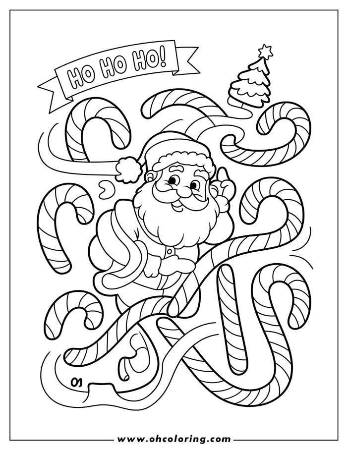 Line art of Santa Claus surrounded by candy canes with a small Christmas tree in the background.
