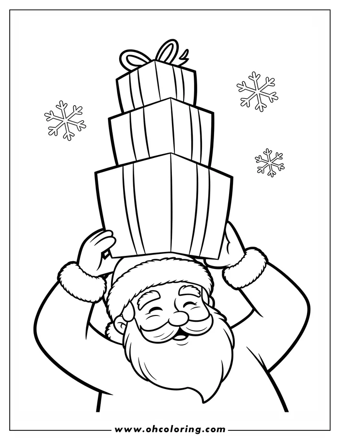 Line art of Santa Claus holding Christmas presents above his head. Snowflakes add a festive touch.