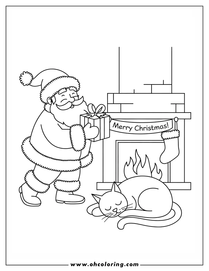 Line art of Santa Claus with a gift near a fireplace with a sleeping cat. A "Merry Christmas" banner decorates the scene.