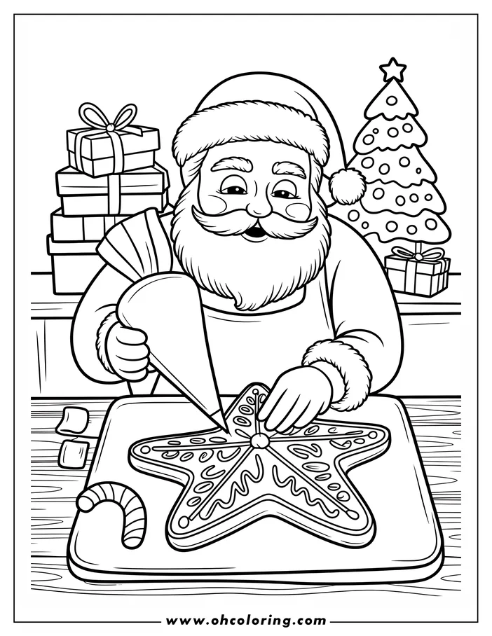 Santa Claus decorating a star-shaped Christmas cookie with icing.