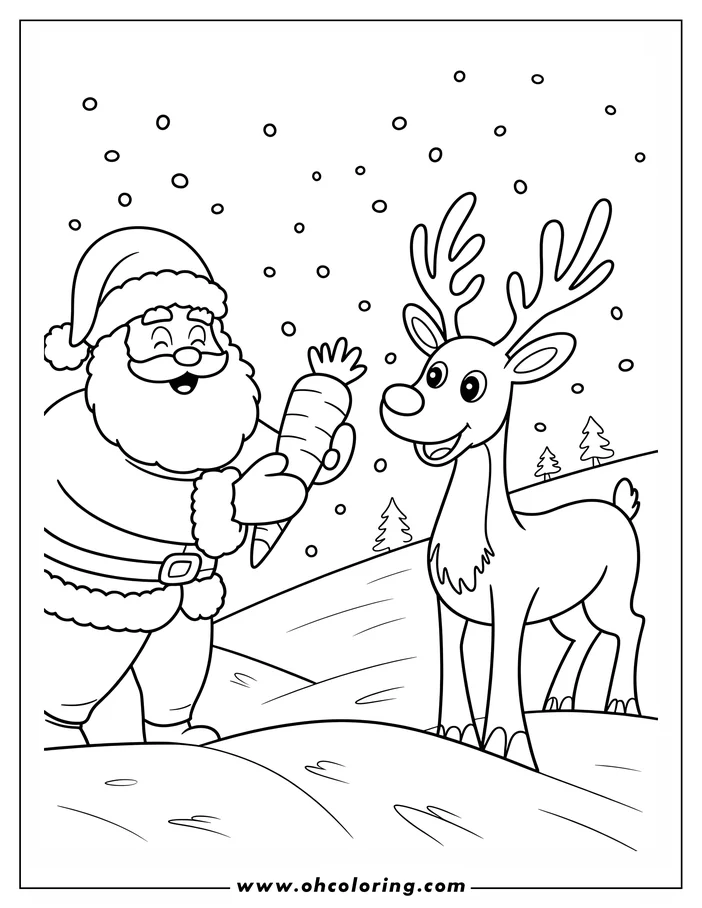 Line art of Santa Claus offering a carrot to a reindeer in a snowy landscape with small evergreen trees.