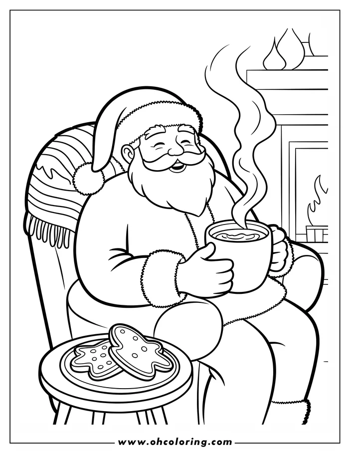 Line art of Santa Claus relaxing in chair with hot cocoa and cookies by fireplace