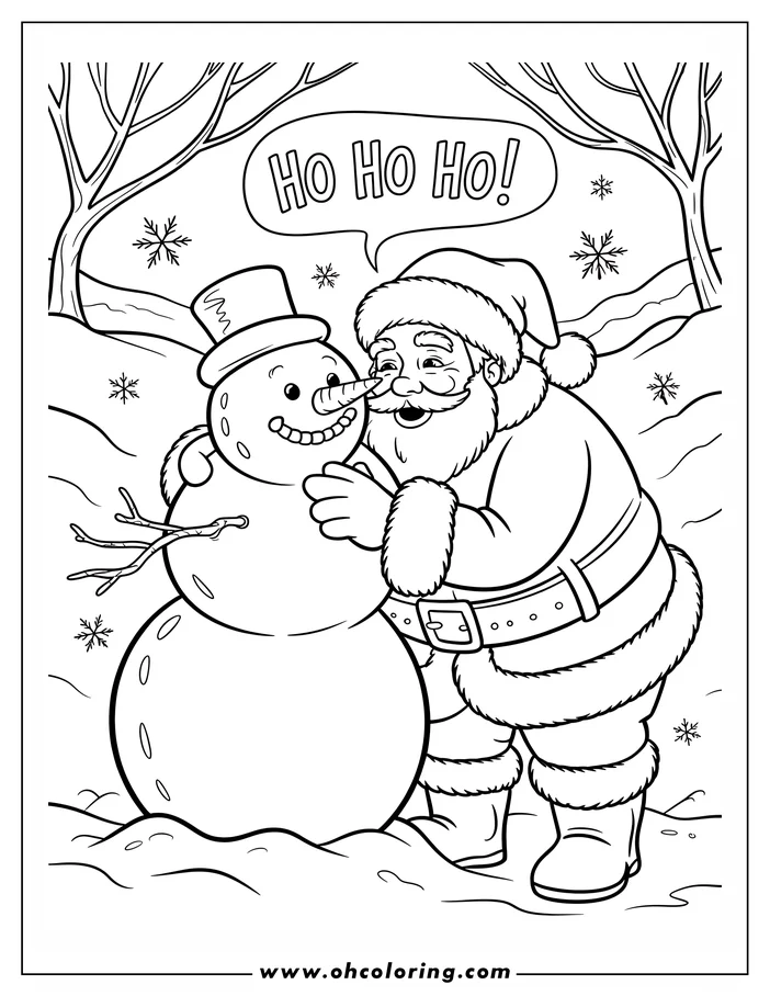 Santa Claus stands with his arm around a snowman in a snowy scene with trees.