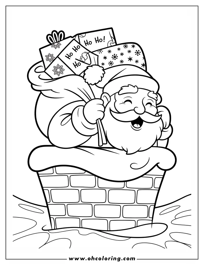 Line art of Santa Claus coming out of a chimney with a sack of gifts. He has a happy expression and wears a Santa hat.