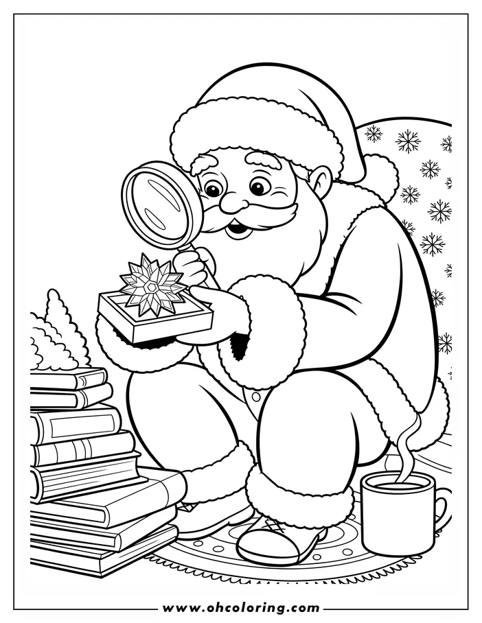 Santa Claus examining a gift with a magnifying glass. Books and a warm drink sit nearby.
