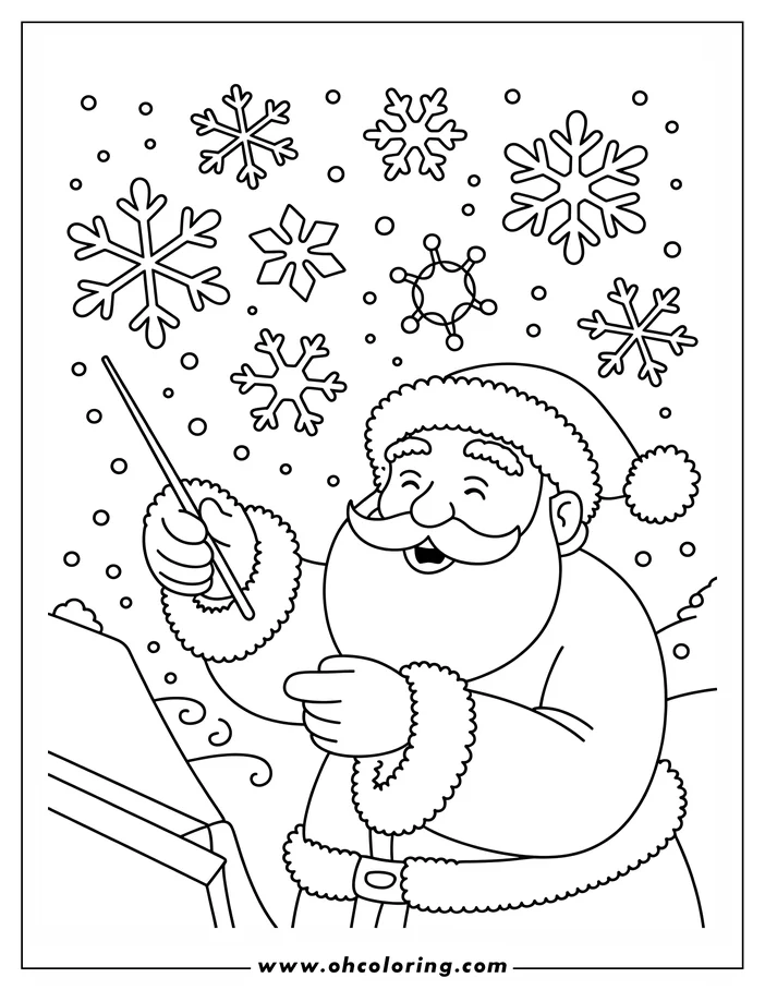 Line art of Santa Claus holding a magic wand, surrounded by snowflakes.