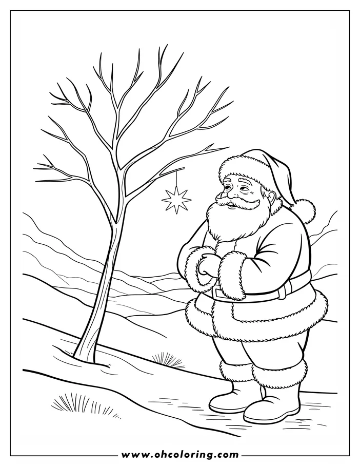 Santa Claus stands near a bare tree with rolling hills in the background. A star hangs from the tree.