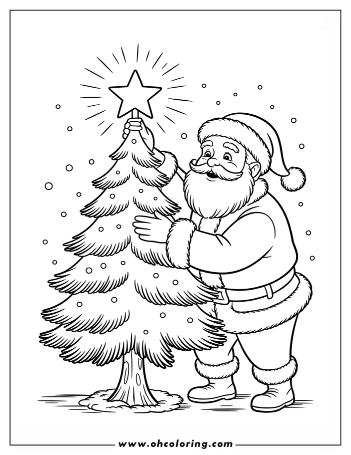 Santa Claus placing a star on a Christmas tree. He's wearing a Santa hat and suit, and the scene has falling snowflakes.