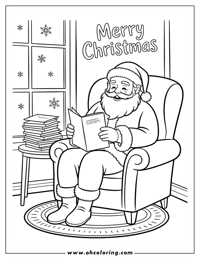 Line art of Santa Claus sitting in an armchair reading a book. A stack of letters rests on a nearby table, and snowflakes are seen outside the window.