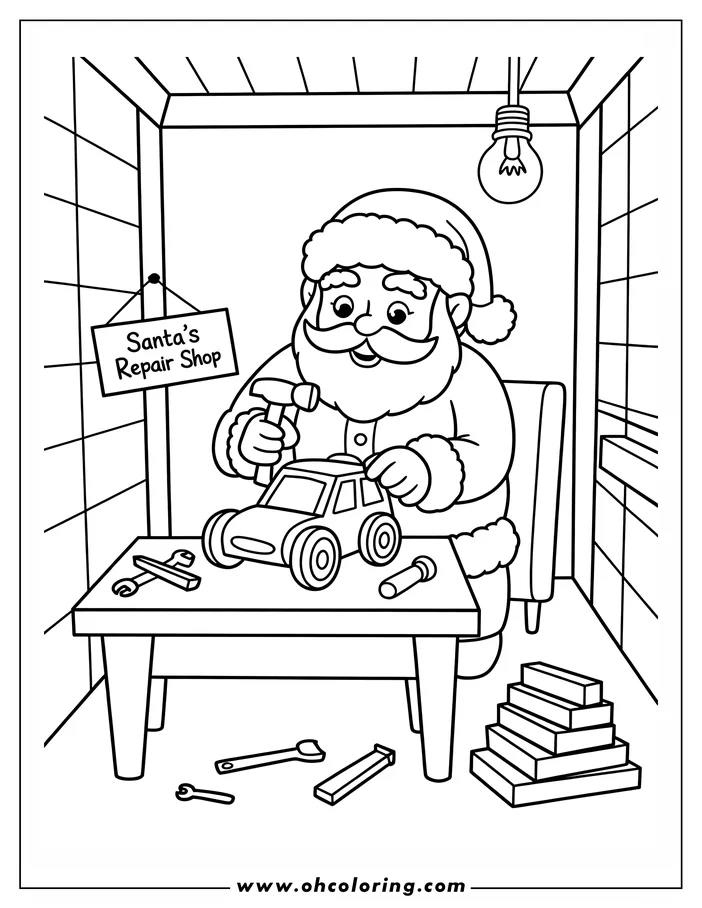 Santa Claus at his workbench, happily repairing a toy car with a hammer, in his workshop.