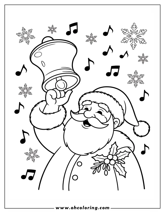 Santa Claus ringing a bell with musical notes and snowflakes surrounding him.