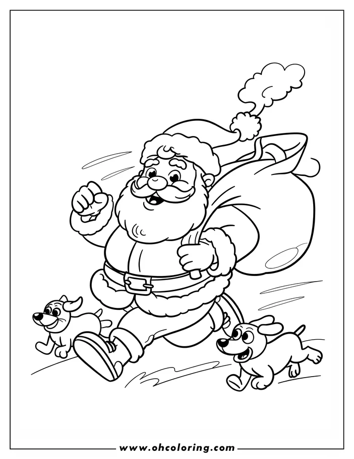 Santa Claus running with a large bag of gifts accompanied by two small dogs.  The cheerful outline art suggests a lively Christmas scene.