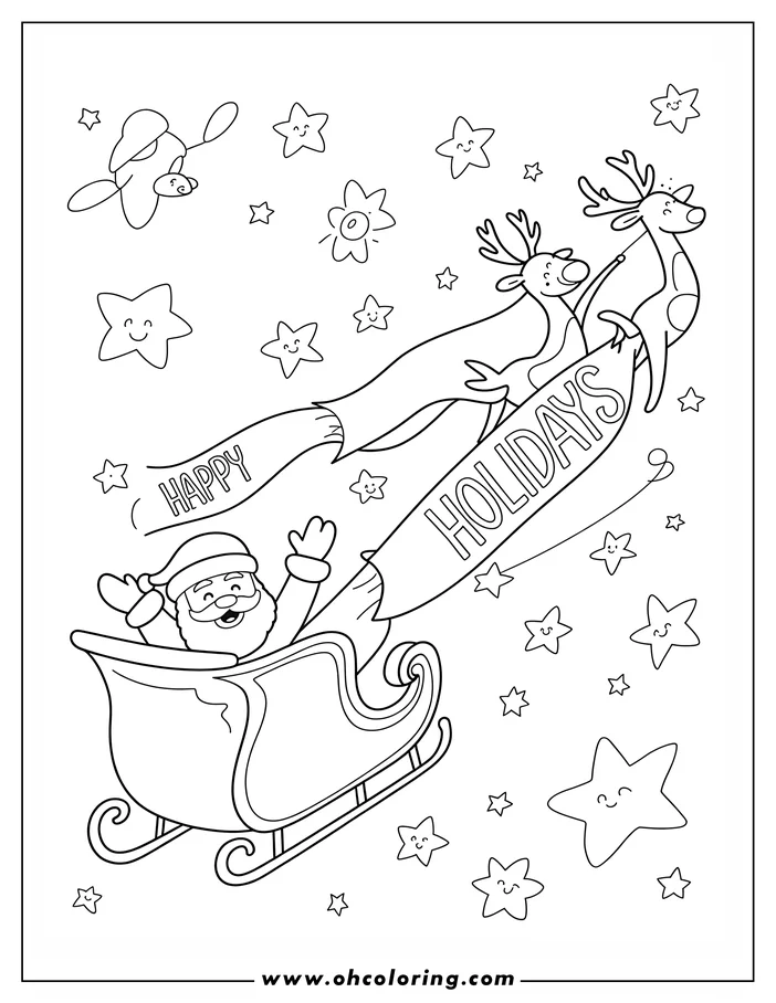 Santa Claus waves from his sleigh pulled by two reindeer, surrounded by stars and a 'Happy Holidays' banner.